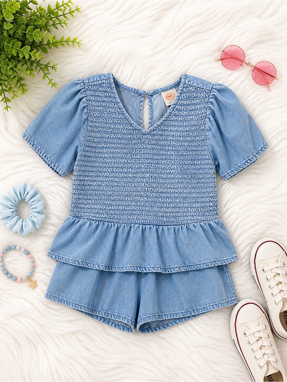 Girls Light Blue Smocked Denim Peplum Top & Shorts Set